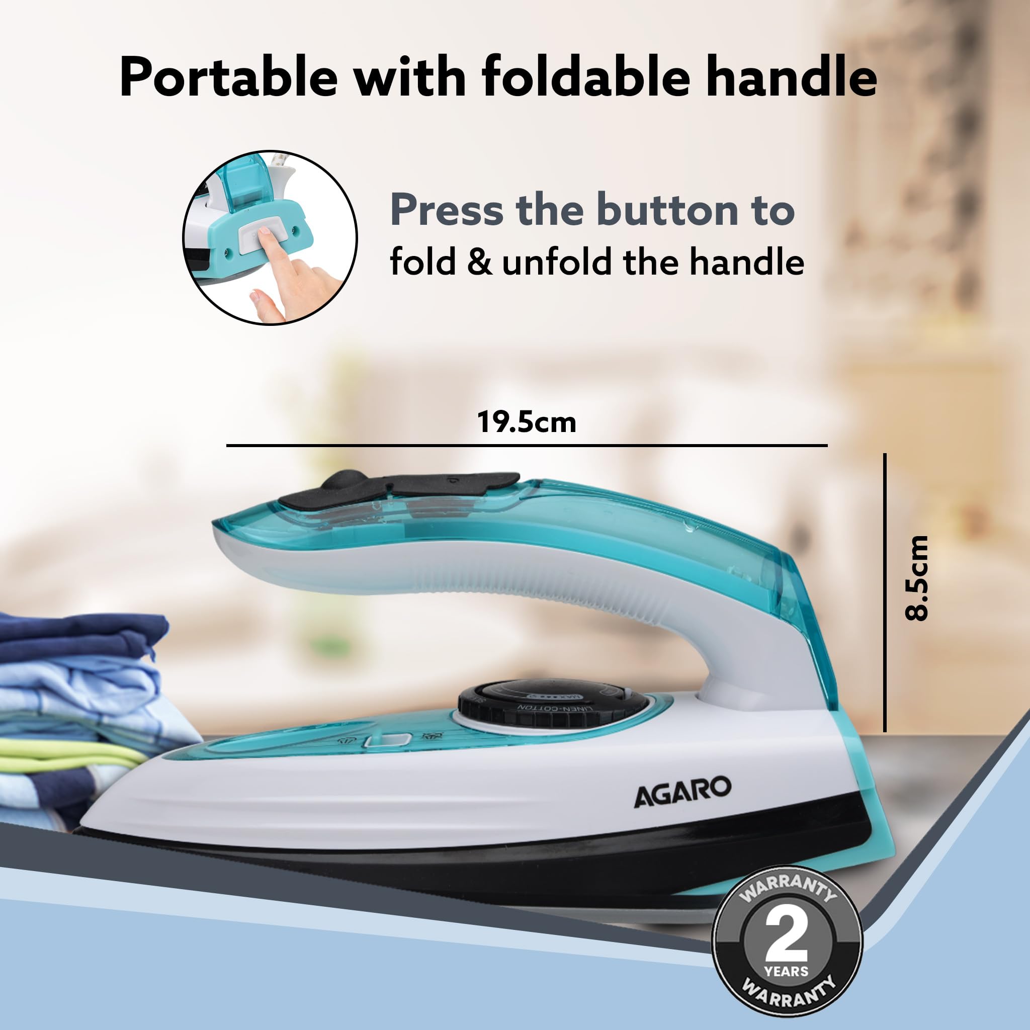 AGARO Primo Travel Steam Iron, 1200W, Compact, Ceramic Coated Sole plate, Cotton, Wool, Poly, Silk, Linen, Nylon, Multi-Fabric I